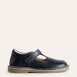 Leather T-bar Flats-Navy