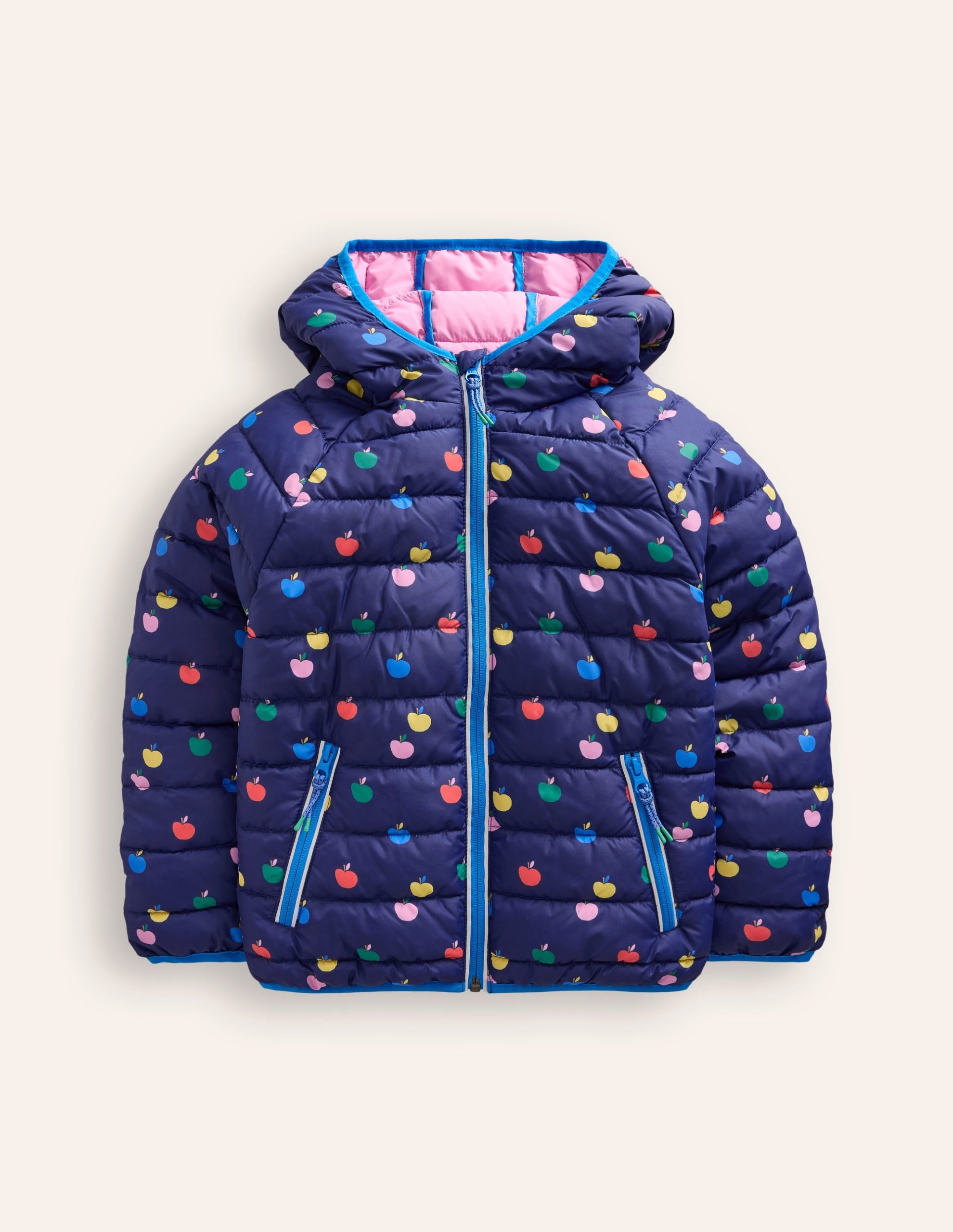 Pack-Away Padded Jacket-College Navy Rainbow Apples - Image 4