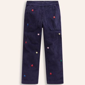 Embroidered Pull-On Pants-College Navy Apples