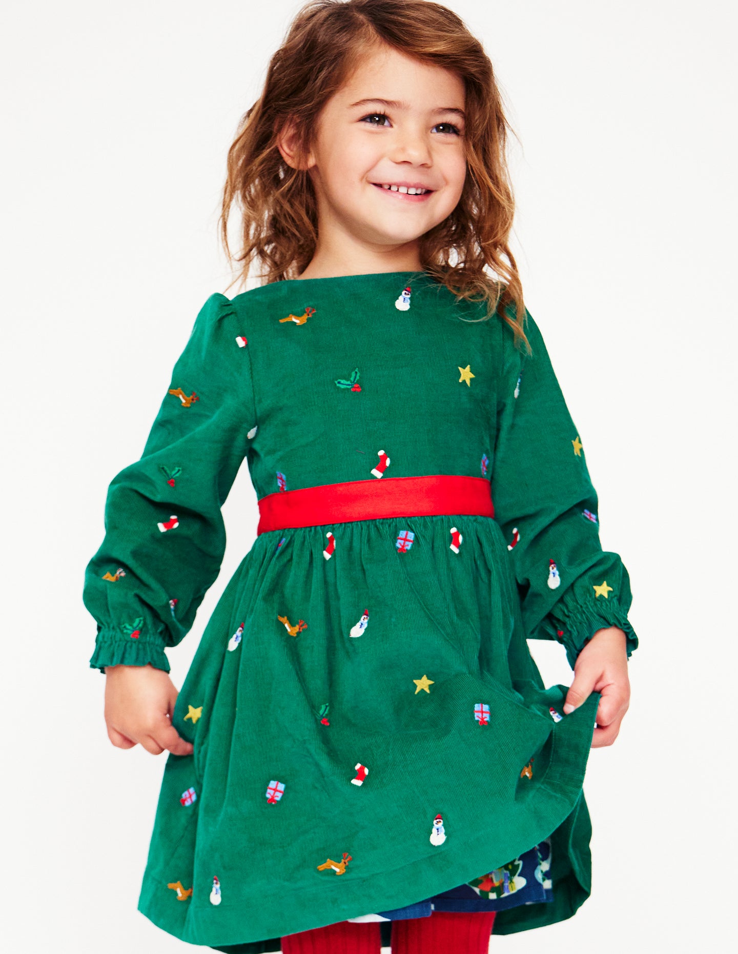 Peggy Cord Party Dress-Jewel Green Festive Embroidery - Image 3