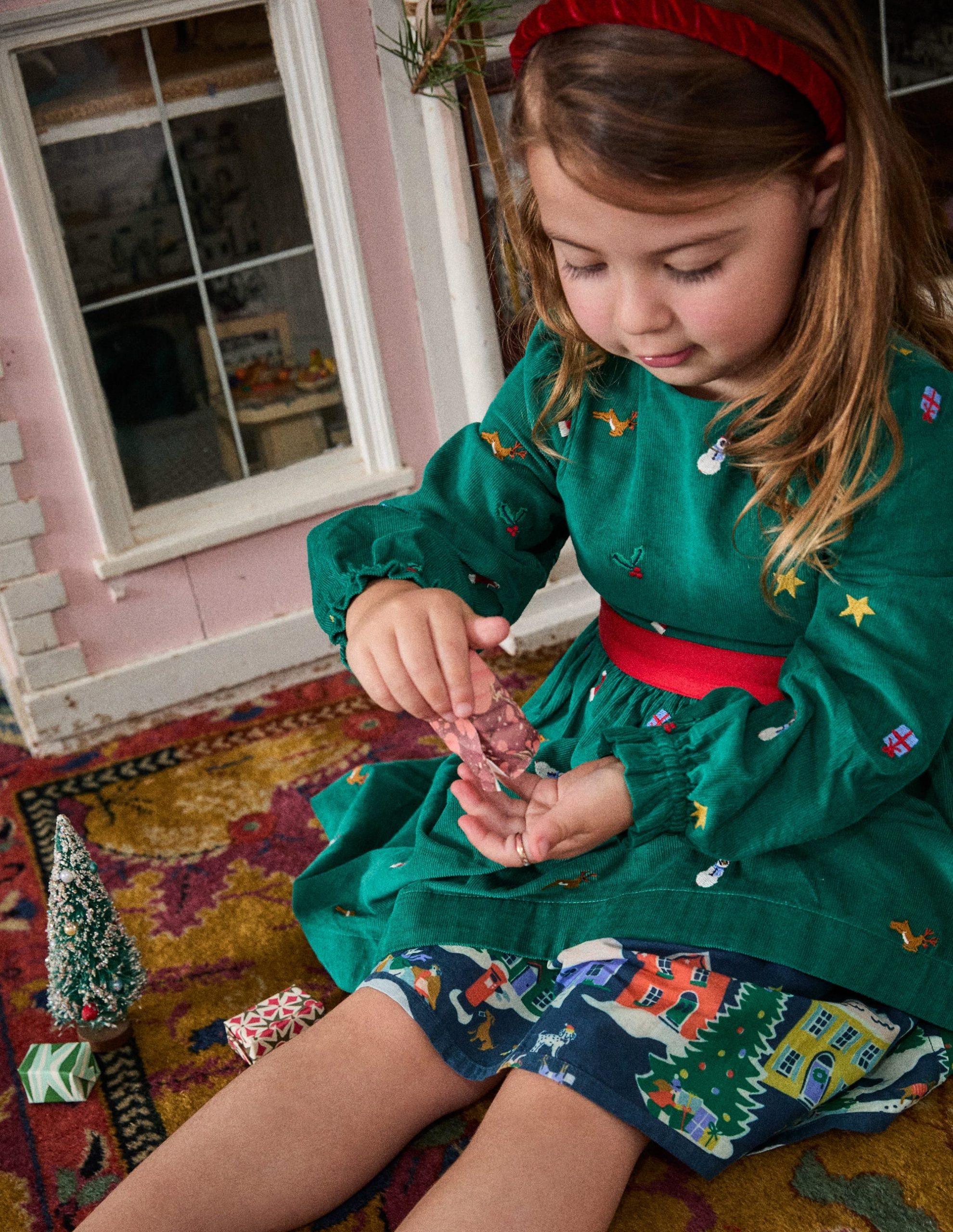 Peggy Cord Party Dress-Jewel Green Festive Embroidery