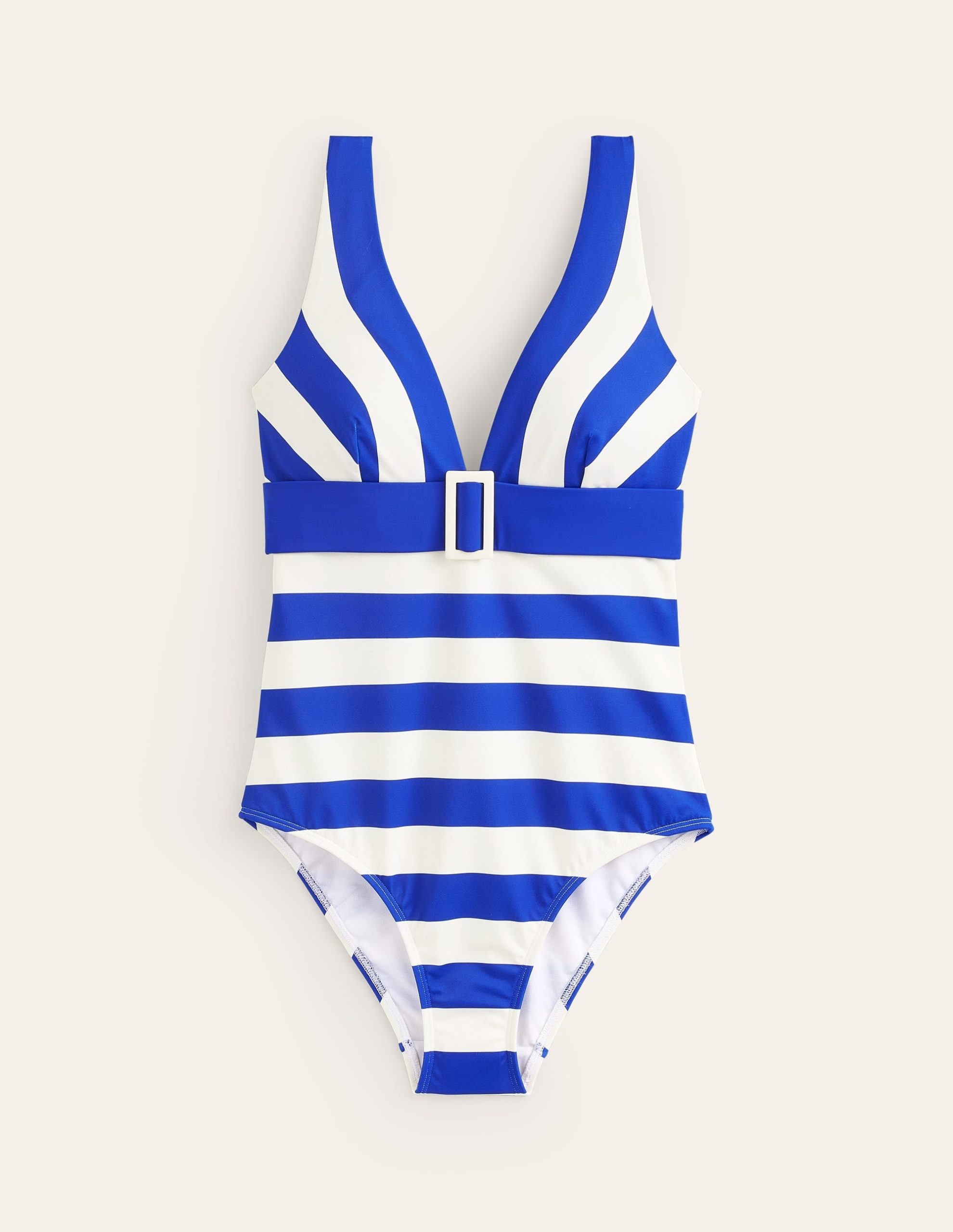 Resin Buckle V-neck Swimsuit-Blue/Ivory Stripe - Image 5