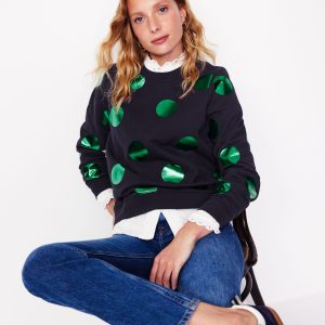 Hannah Printed Sweatshirt-Navy. Green Spot