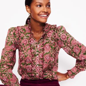 Ruffled Cotton Blouse-Chive. Ornate Bud