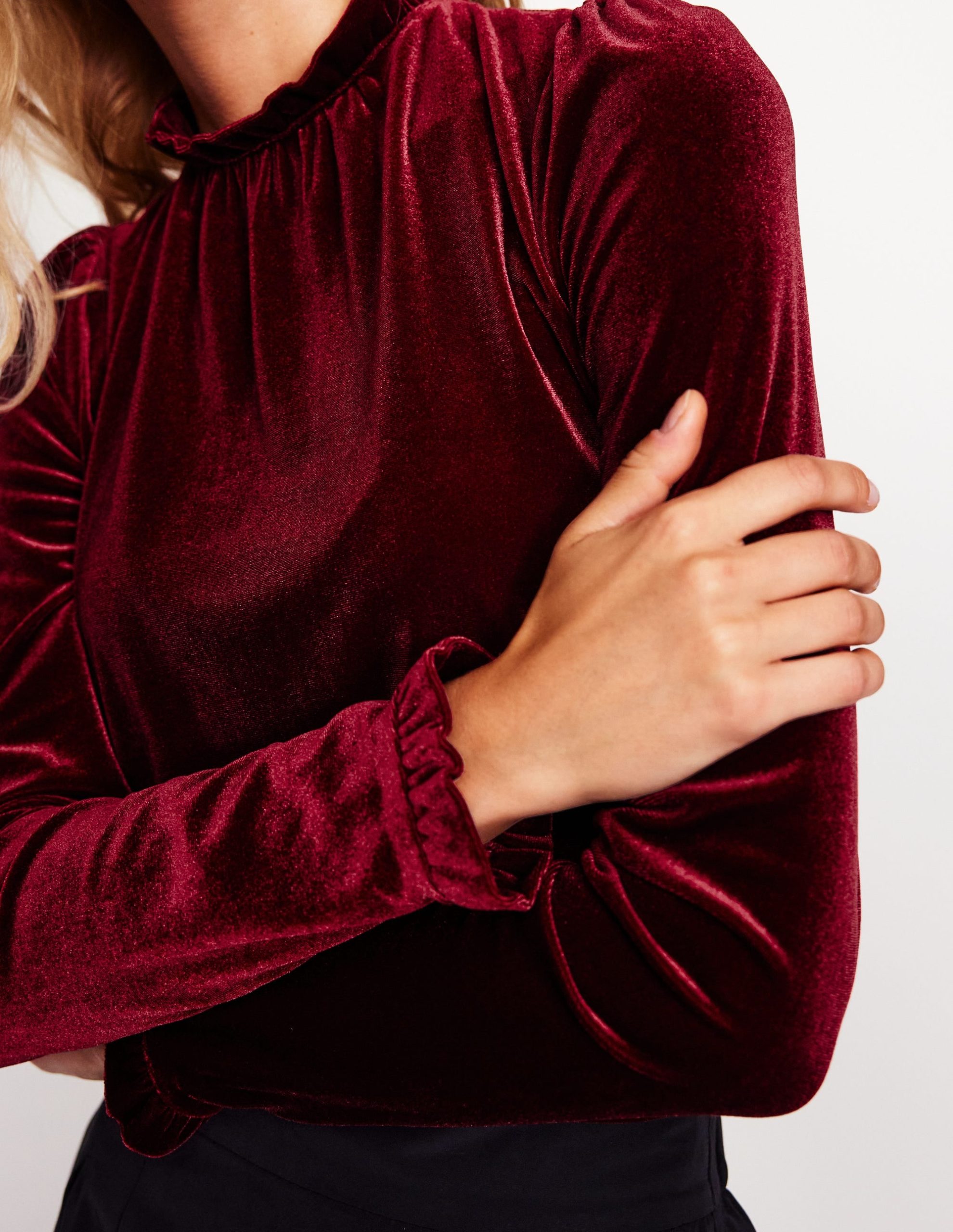 Velvet Frill Neck Top-Cabernet - Image 2