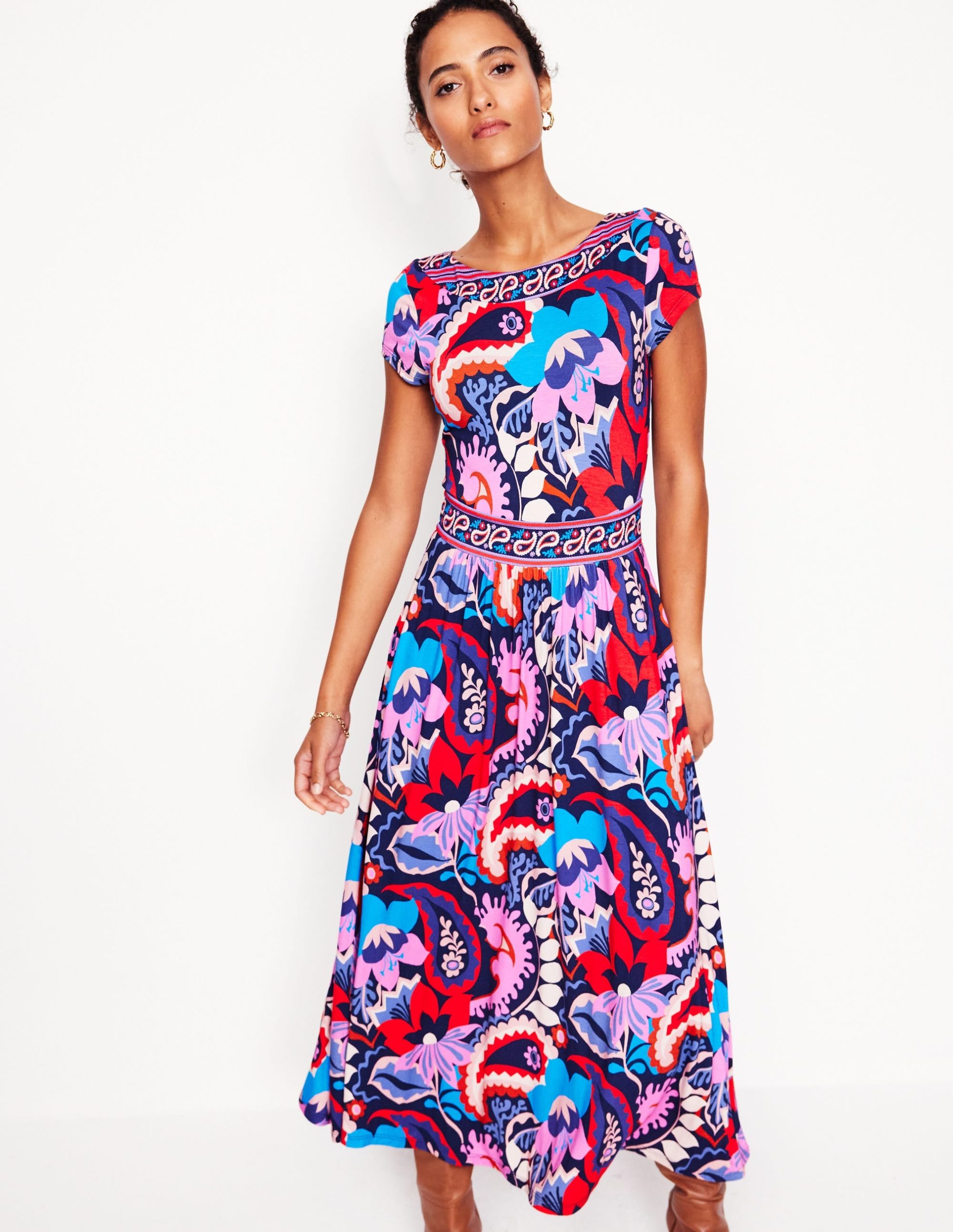 Melanie Jersey Midi Dress-French Navy. Botanical Paisley