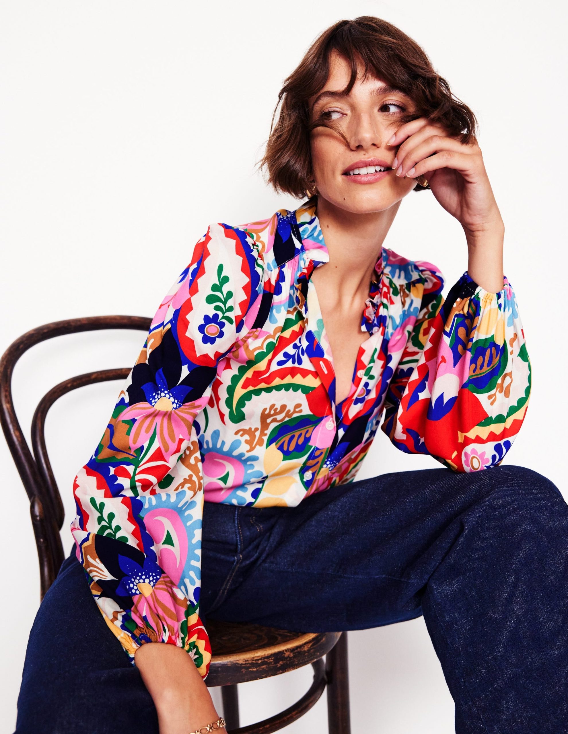 Ruffle Collar Blouse-Ivory. Botanical Paisley