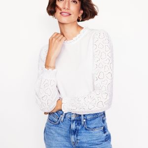 Broderie Sleeve Frill Neck Top-White