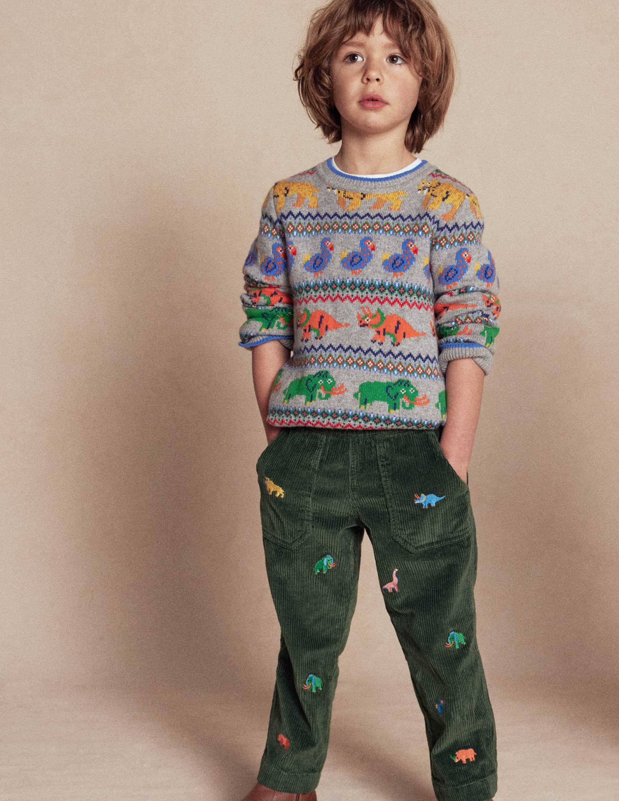 Pull-on Cord Pants-Prehistoric Animals Embroidery
