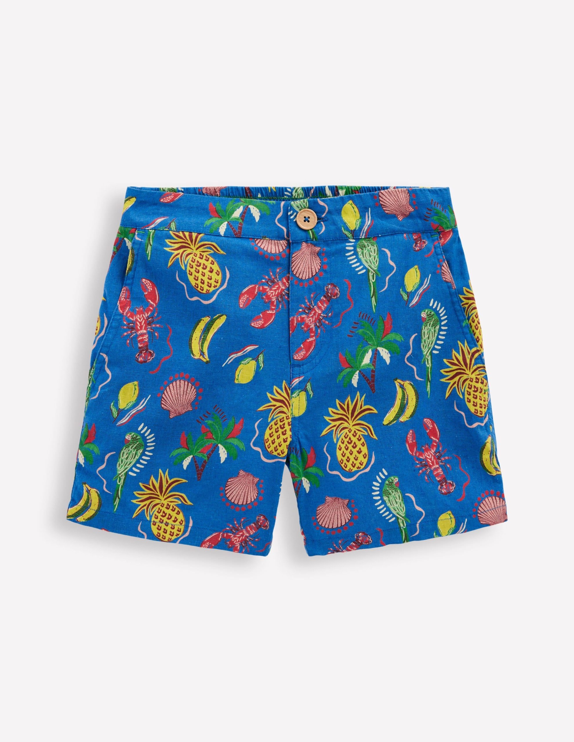 Cotton Linen Shorts-Bright Blue Tropical Tile