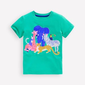 Short Sleeve Riso T-Shirt-Aquamarine Blue Jungle Animals