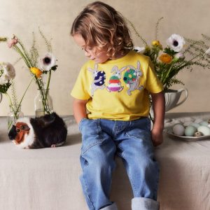 Short Sleeve Appliqu?? T-shirt-Lemon Yellow Bunnies