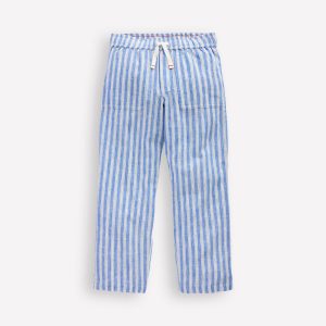 Cotton Linen Pull-On Pants-Blue Ticking