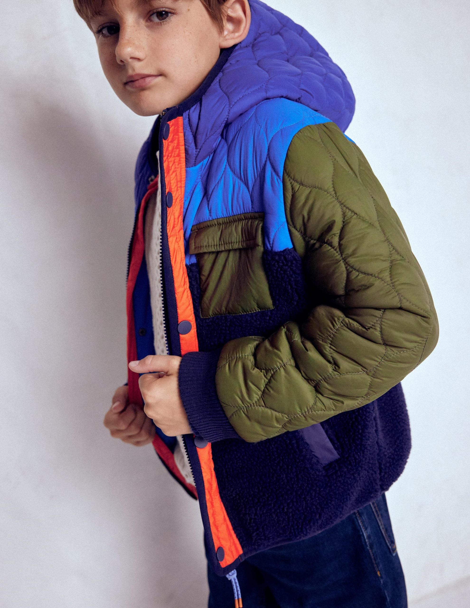 Quilted Borg Jacket-Classic Khaki Colourblock - Image 3