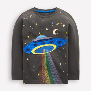 Zip Detail Appliqué T-shirt-Phantom UFO