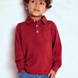 Long Sleeve Slub Polo-Red Liquorice