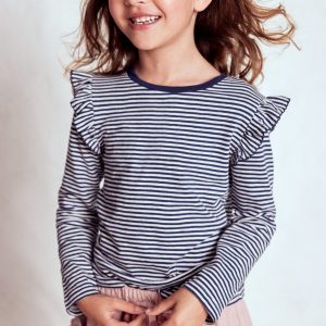 Frill Sleeve Slub Top-Soft Ivory/College Navy