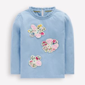 Frill Neck Appliqu?? T-shirt-Glacier Blue Flowers