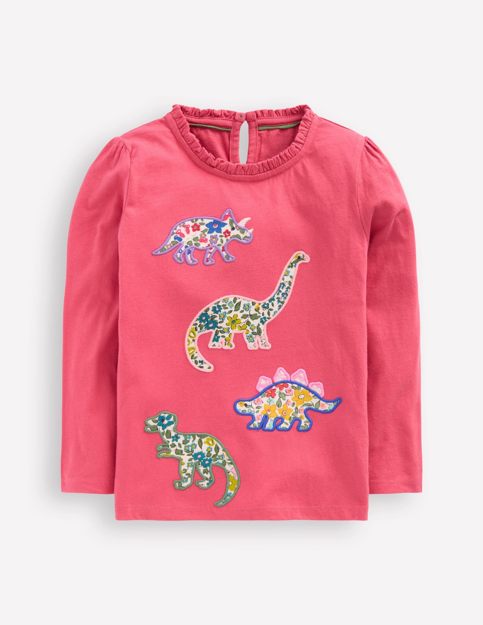 Frill Neck Appliqu?? T-shirt-Rose Pink Dinosaurs