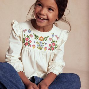 Embroidered Jersey Yoke Top-Soft Ivory Embroidery