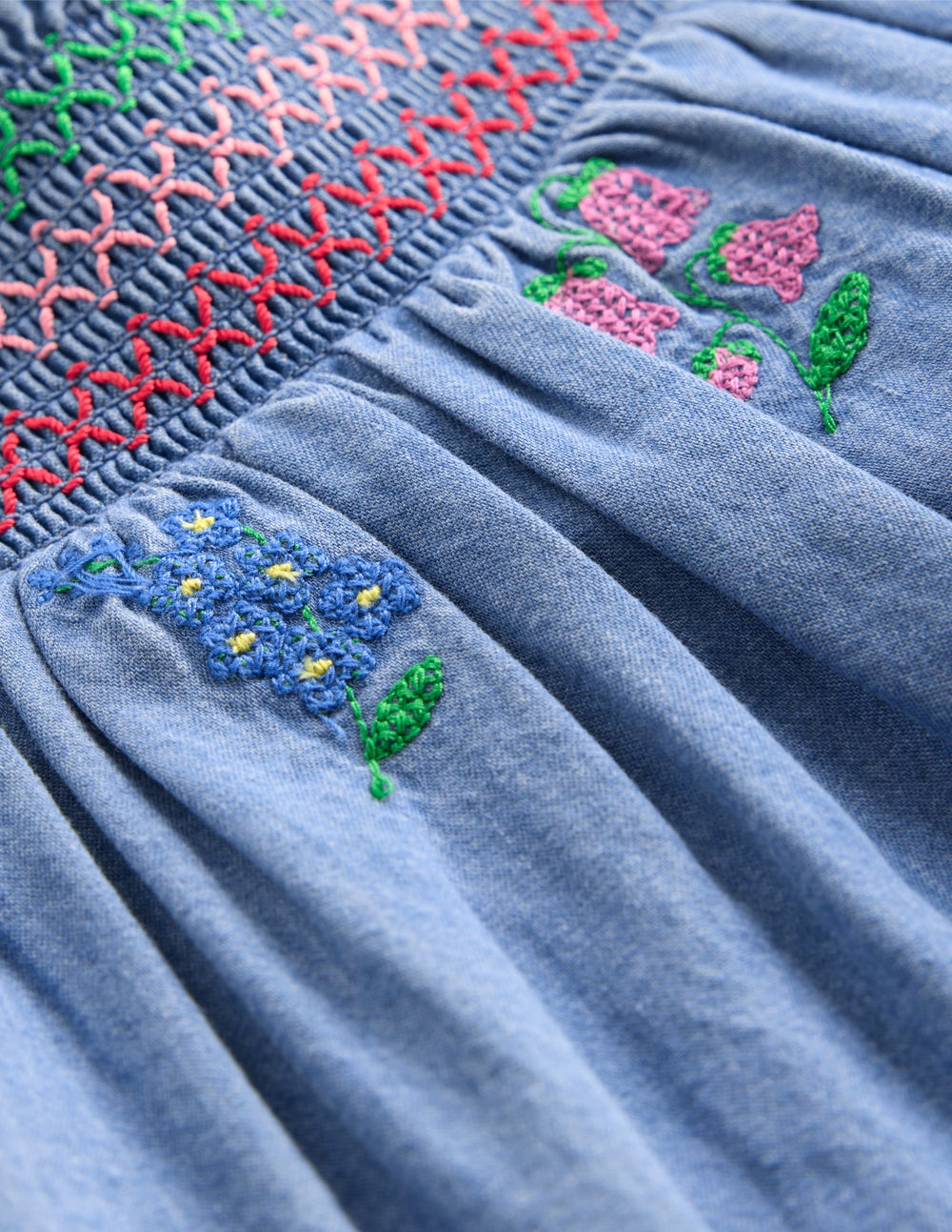 Smocked Woven Top-Chambray Cross Stitch Flowers - Image 3