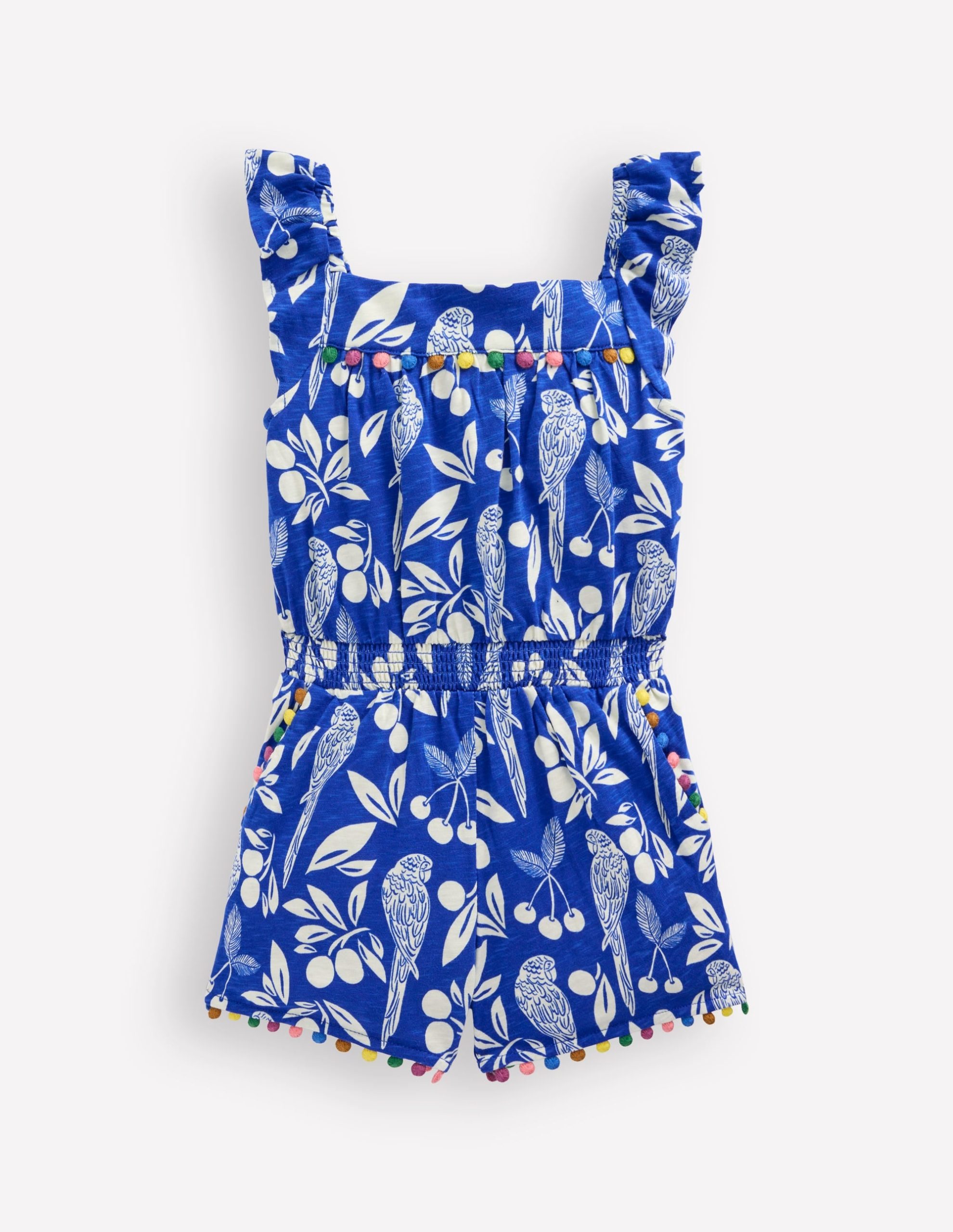 Ciara Pom Trim Jersey Romper-Bright Blue Parrot Palm - Image 6