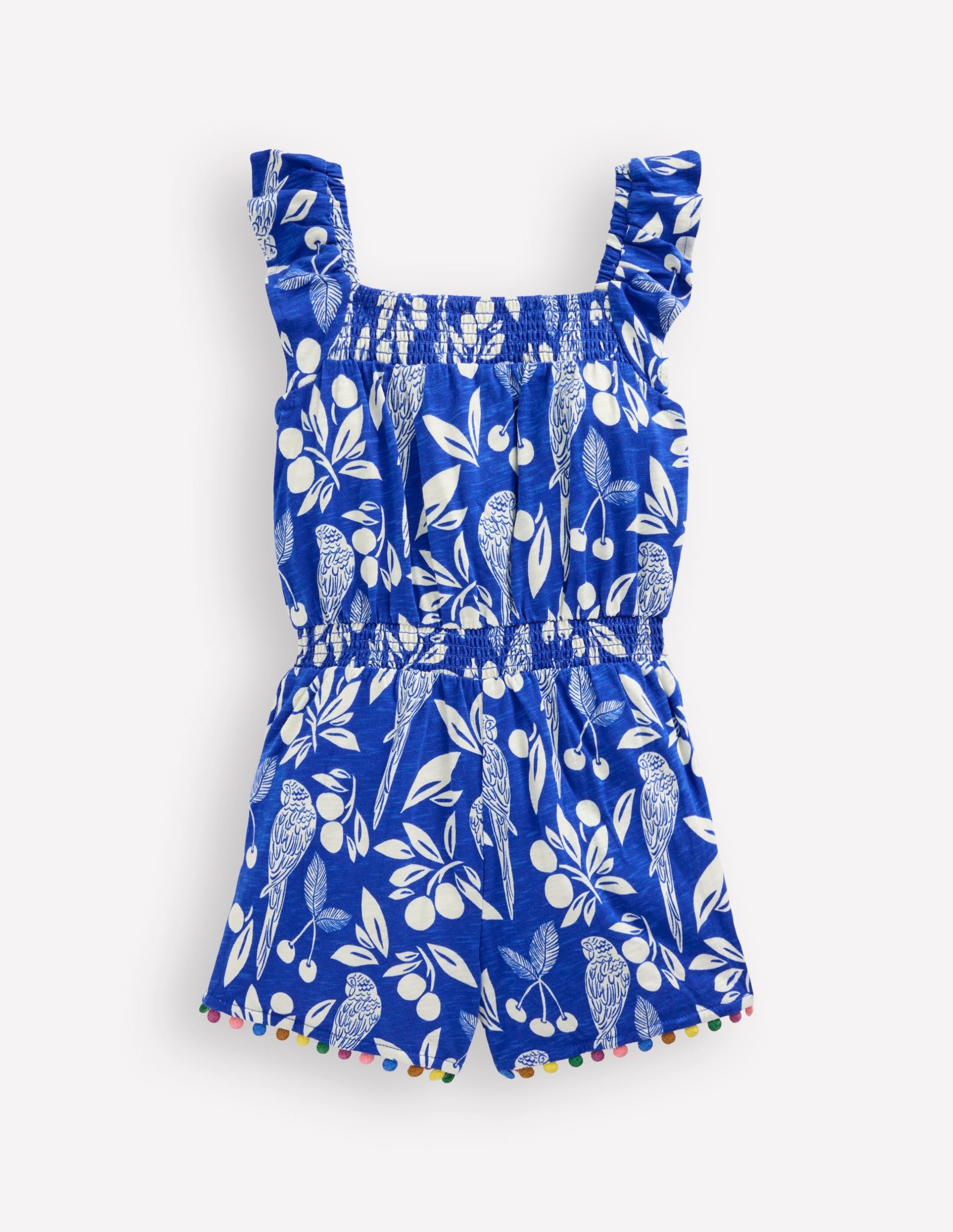 Ciara Pom Trim Jersey Romper-Bright Blue Parrot Palm - Image 7