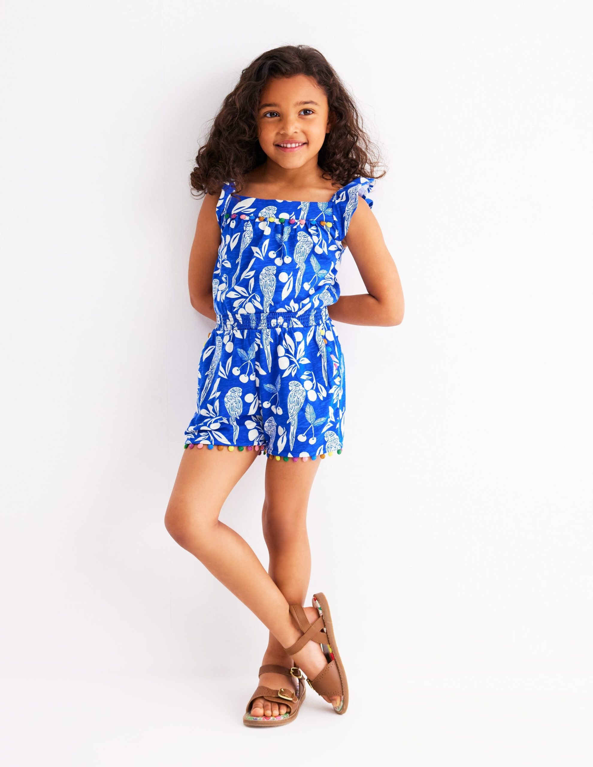 Ciara Pom Trim Jersey Romper-Bright Blue Parrot Palm - Image 4