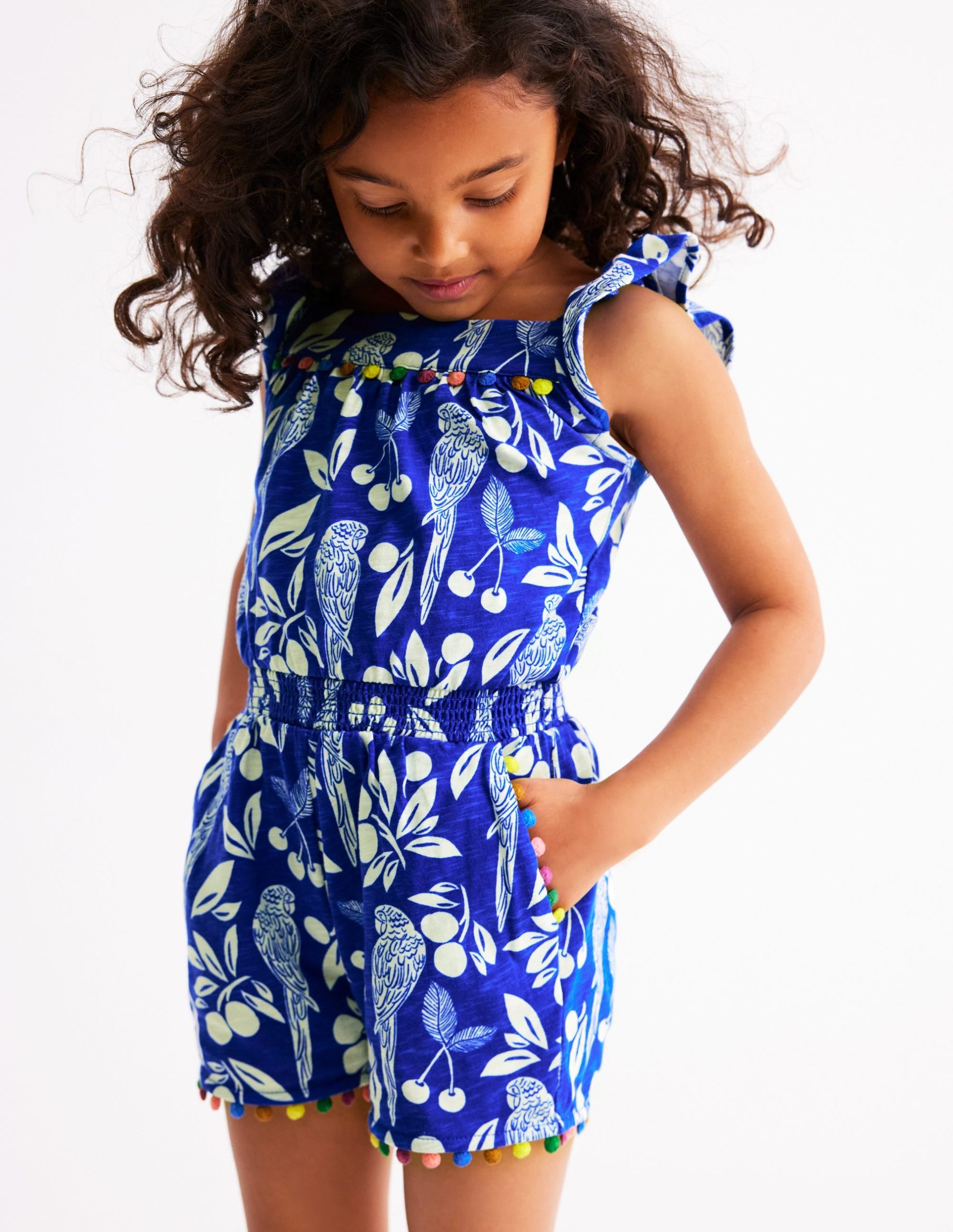 Ciara Pom Trim Jersey Romper-Bright Blue Parrot Palm - Image 5