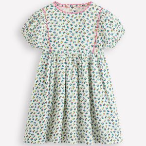 Puff Sleeve Double Cloth Dress-Soft Ivory Ditsy Floral