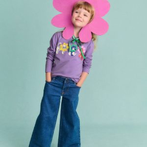 Puff Sleeve Applique T-shirt-Aster Purple Flower Cats