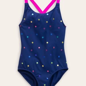 Cross-back Printed Swimsuit-Navy. Rainbow Foil Confetti