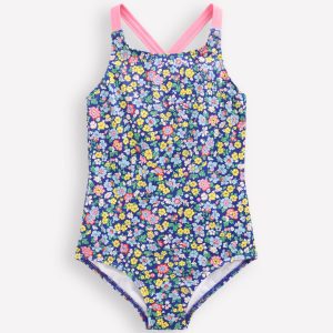 Cross-back Printed Swimsuit-Sapphire Blue Nautical Floral