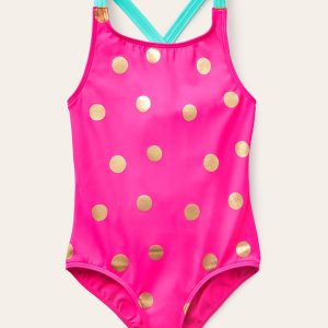 Cross-back Printed Swimsuit-Fuchsia Pink. Gold Foil Spot