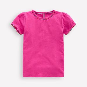 Ali Puff Sleeve Pom T-shirt-Flamingo Pink