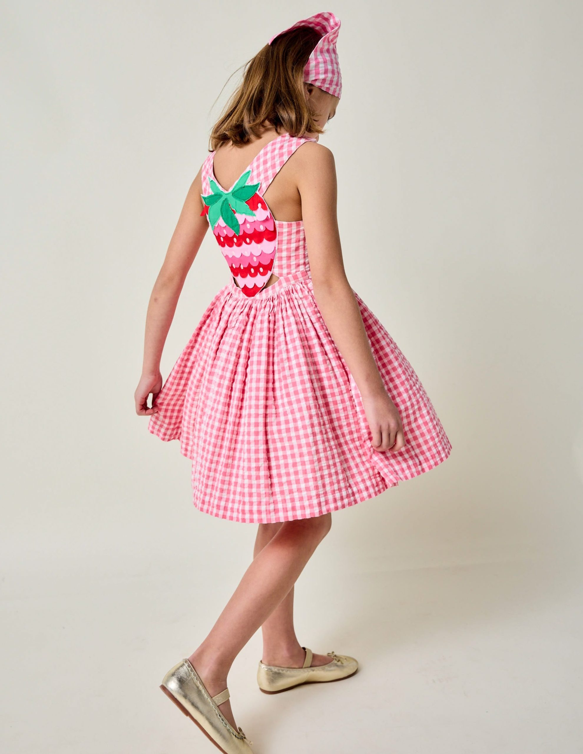 Zadie Applique Back Dress-Pink Gingham Strawberry - Image 2