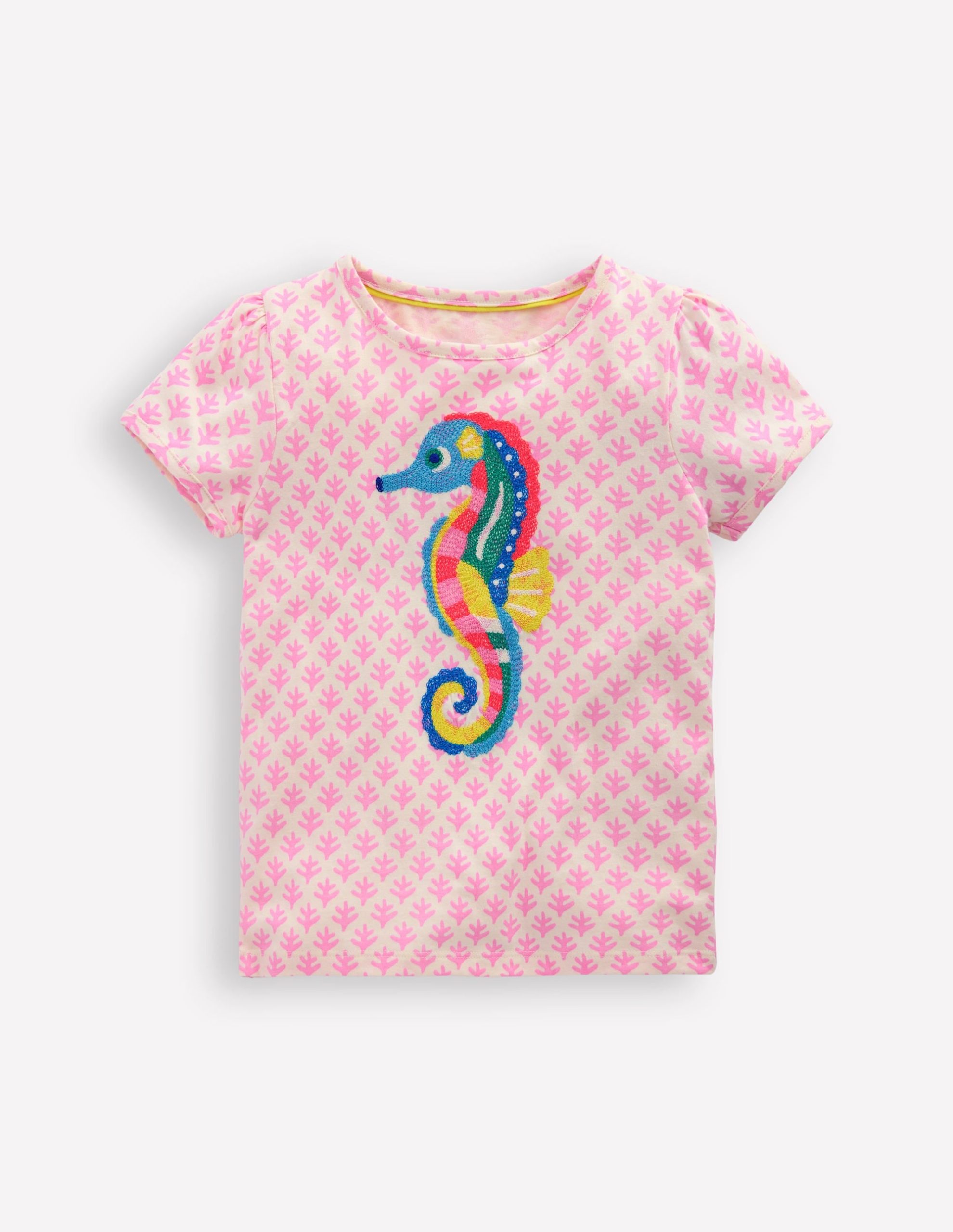 Puff Sleeve Superstitch Top-Pink Woodblock Seahorse - Image 3