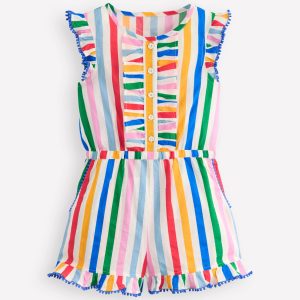 Button Through Ruffle Playsuit-Rainbow Multi Stripe