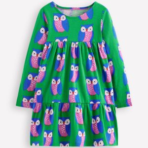 Ariel Long Sleeve Twirly Dress-Rich Emerald Geo Owls