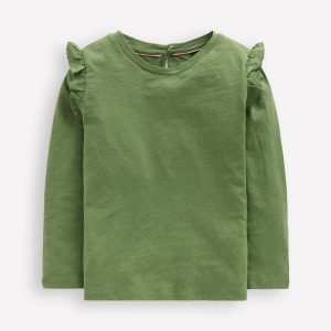 Frill Sleeve Slub Top-Safari Green