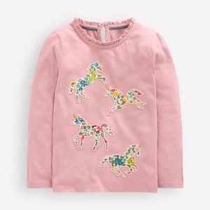 Frill Neck Appliqu?? T-shirt-Vintage Pink Unicorn