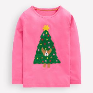 Long Sleeve Boucl?? T-shirt-Pink Christmas Tree Dog