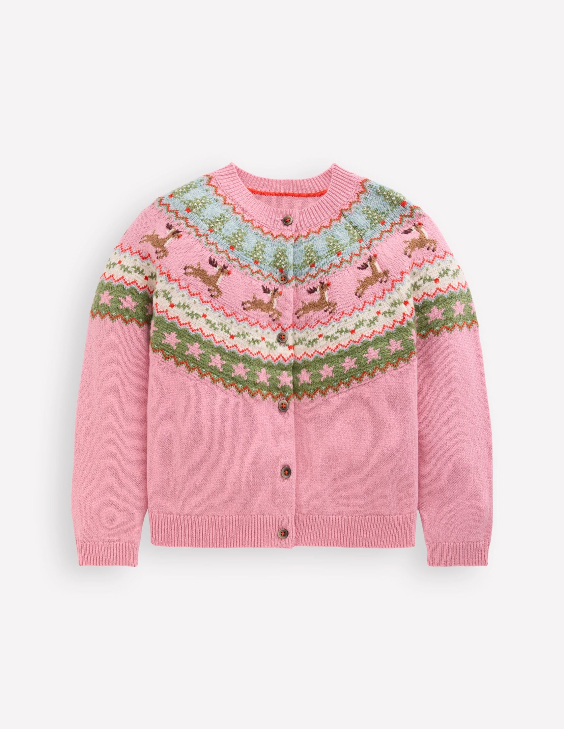 Edie Fair Isle Cardigan-Pink Marl Reindeer