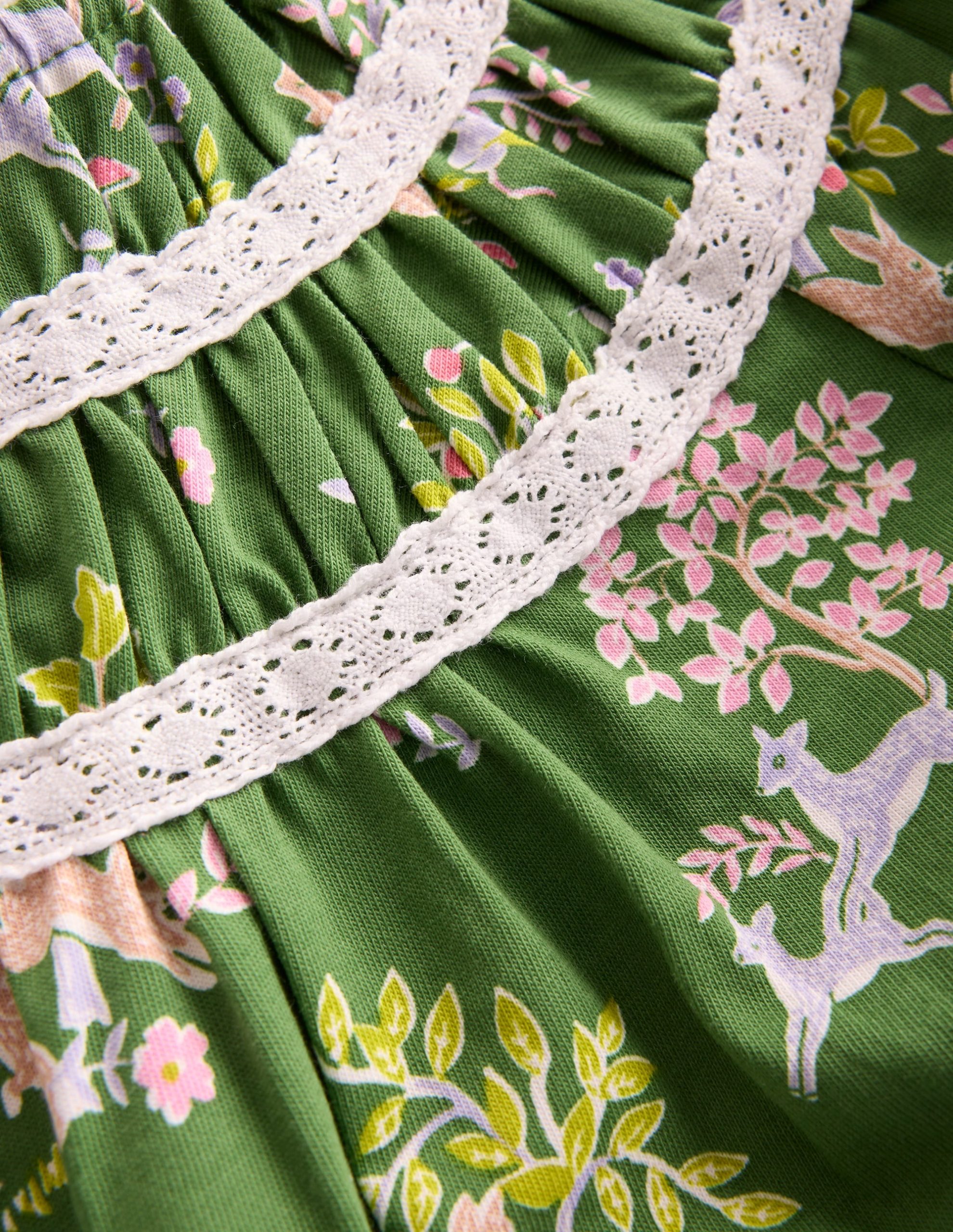 Pretty Lace Trim Jersey Dress-Green Woodland Floral - Image 3