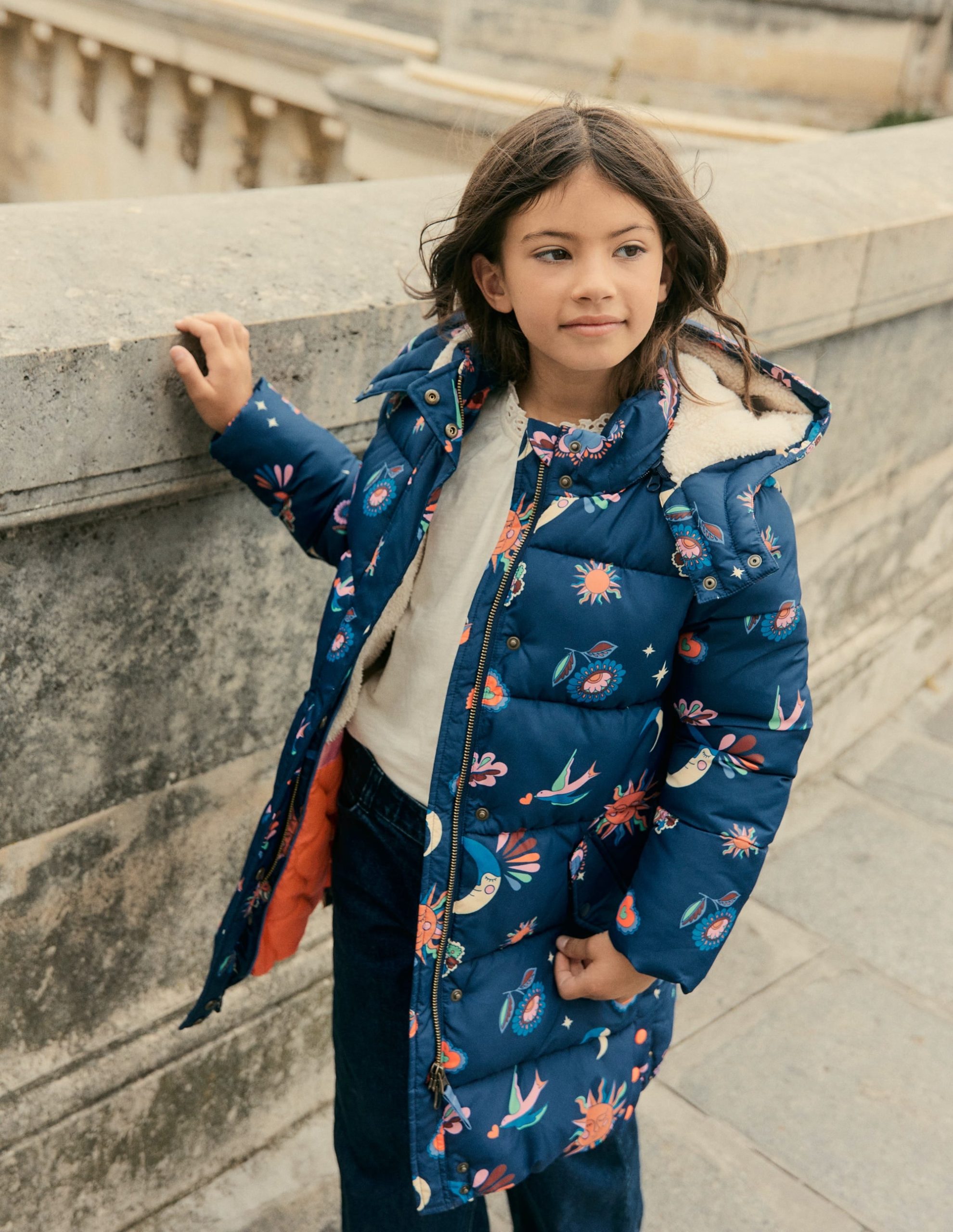 Longline Padded Coat-College Navy Spaced Paisley