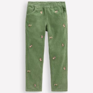 Cord Embroidered Pull-On Pants-Broccoli Green Embroidered