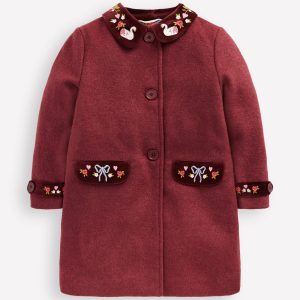 Wool Blend Coat-Chestnut Swan Embroidery