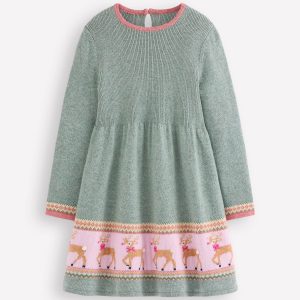 Fair Isle Knitted Dress-Eucalyptus Reindeer Fair Isle