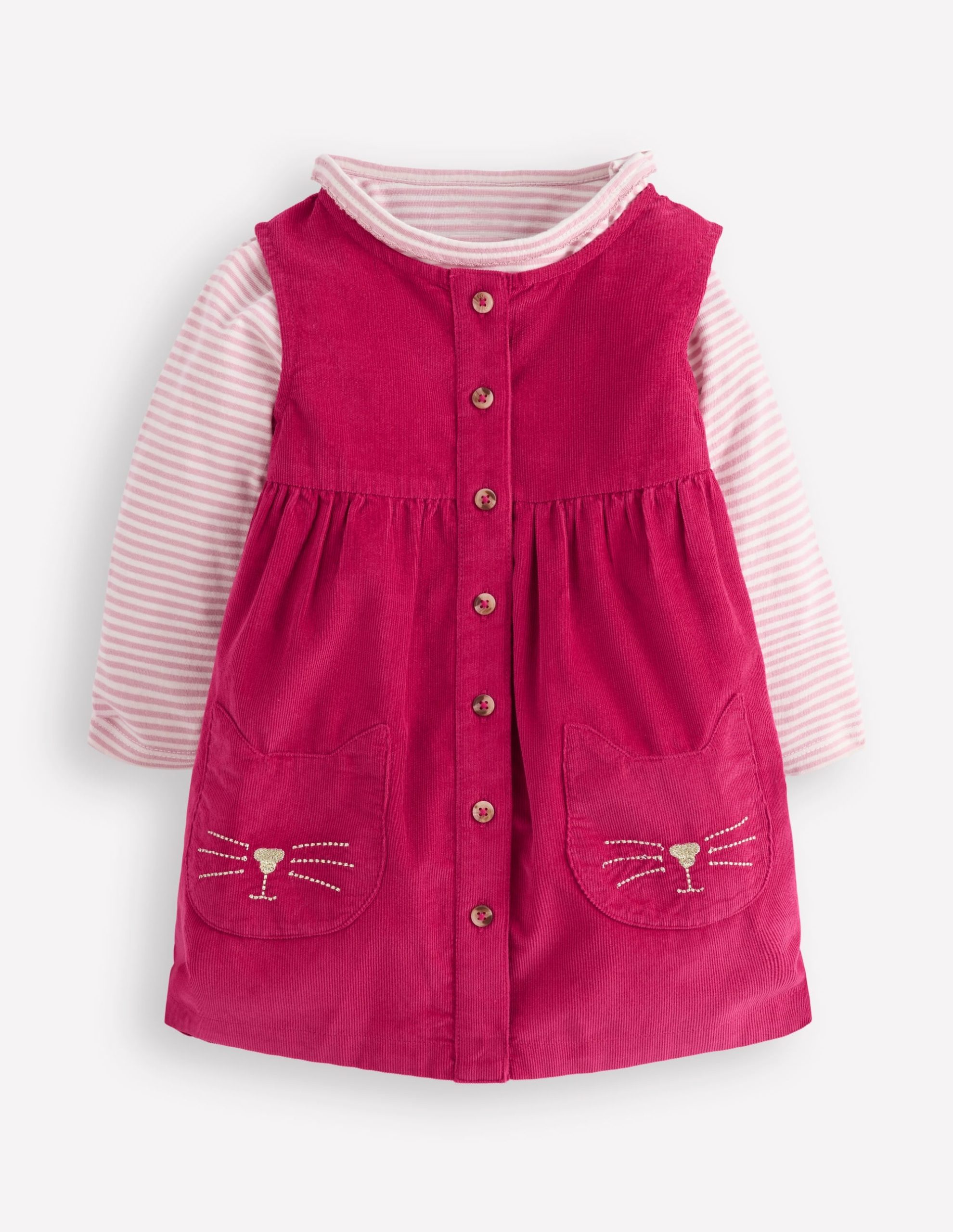 Woven Pinny Dress Set-Bright Cherry Kittens