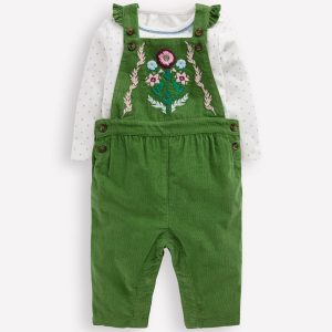 Woven Overalls Set-Broccoli Green Embroidered